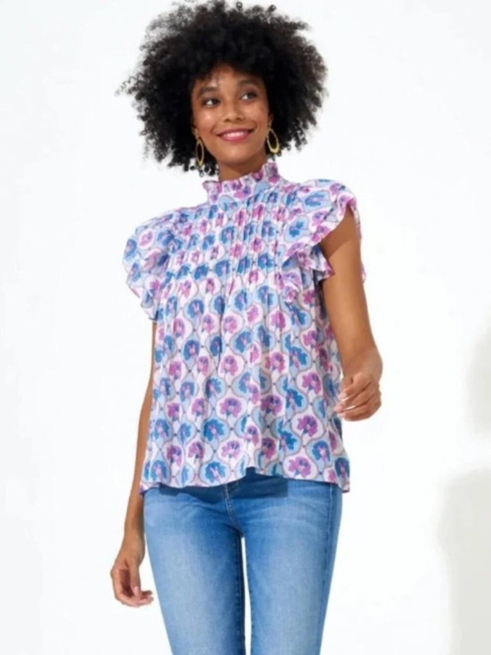 Oliphant Pintuck Ruffle Top Cotton Pink Blue Floral Sleeveless Blouse Sz M